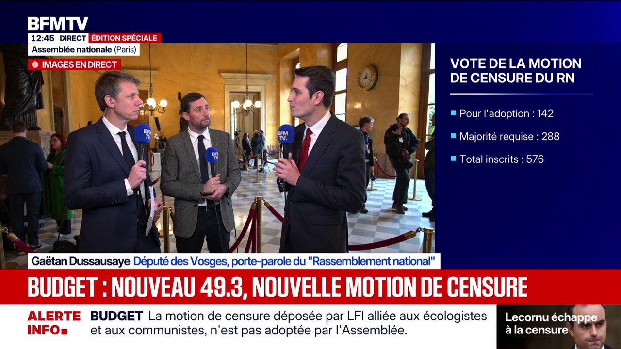 49.3 sur le volet dépenses du budget: "Nous allons déposer notre propre motion de censure et nous voterons toute motion de censure, d'où qu'elle vienne", assure le porte-parole du RN