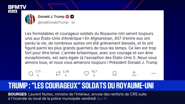 Afghanistan: après avoir tenu des propos controversés sur les soldats britanniques, Donald Trump a salué sur son réseau social les soldats du Royaume-Uni courageux et formidables