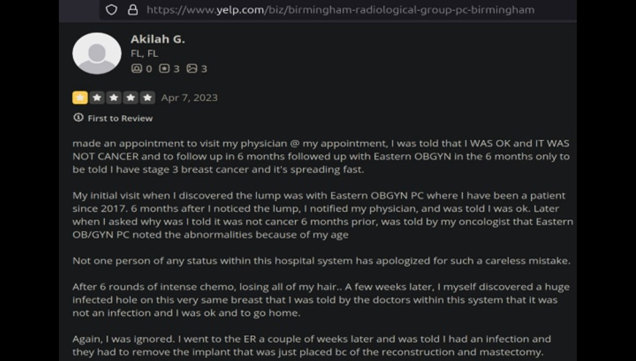 Birmingham Radiological Group MD's Accused Of Missing Breast Cancer (Again) In Patient Review