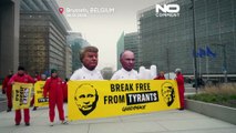 Greenpeace odsłania w Brukseli kukły Trumpa i Putina, wzywa UE do odejścia od paliw kopalnych