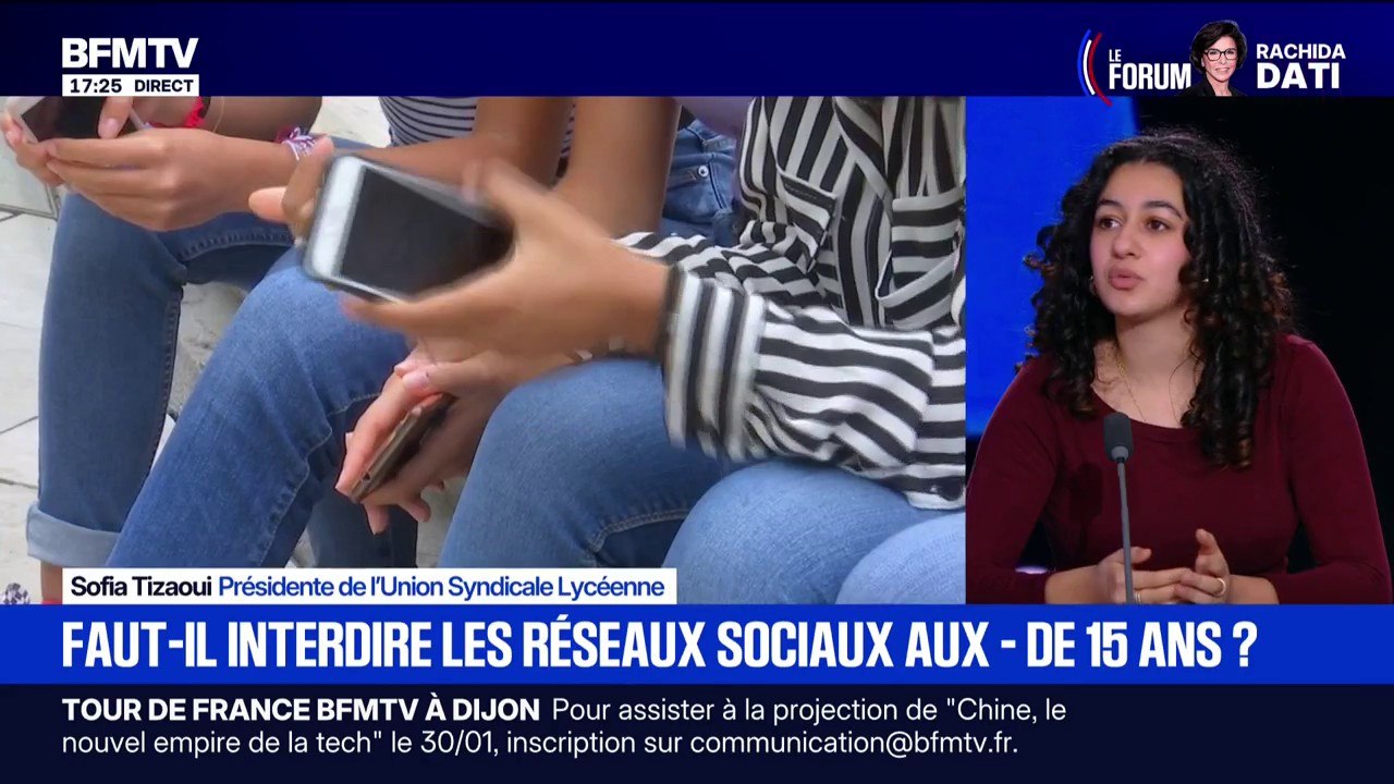 Faut-il interdire les réseaux sociaux aux moins de 15 ans ? pour Sofia Tizaoui, présidente de l'Union Syndicale Lycéenne, "interdire les réseaux sociaux ne bloque pas le cyberharcèlement"