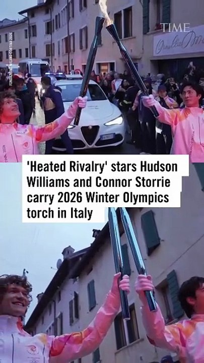 'Heated Rivalry' stars Hudson Williams and Connor Storrie carry 2026 Winter Olympics torch in Italy [VERTICAL]