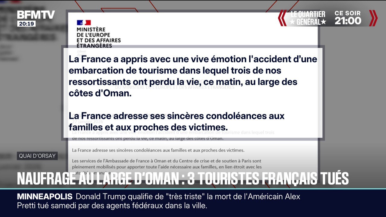 La réaction du ministère des Affaires étrangères après la mort de trois touristes français dans un naufrage au large d'Oman