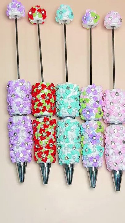 Multi-Color Beadable Clay Pens with AB Rhinestones Mini Cute Flowers Clear Rhinestones Inside
