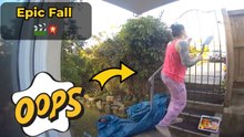 Woman twists ankle and falls down steps just moments after climbing them confidently