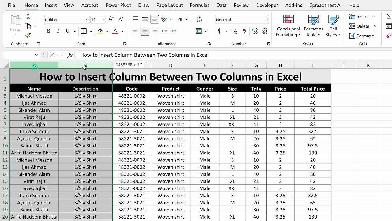 How to Insert Column Between Two Columns in Excel