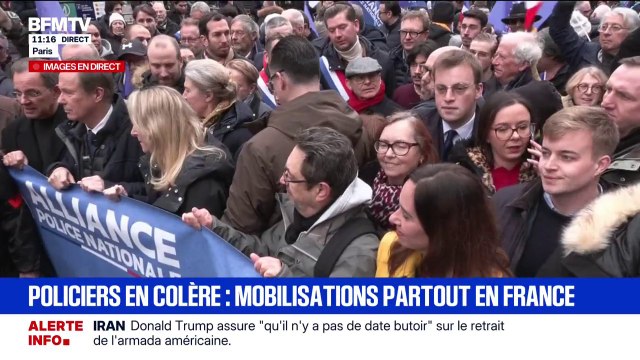 Manifestation des policiers: Sarah Knafo ( Reconquête ), Marion Maréchal ( Identités-Libertés ), Nicolas Dupont-Aignan ( Debout la France ) et Thierry Mariani (RN) dans le cortège parisien