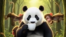 Panda drinking coffee in the forest