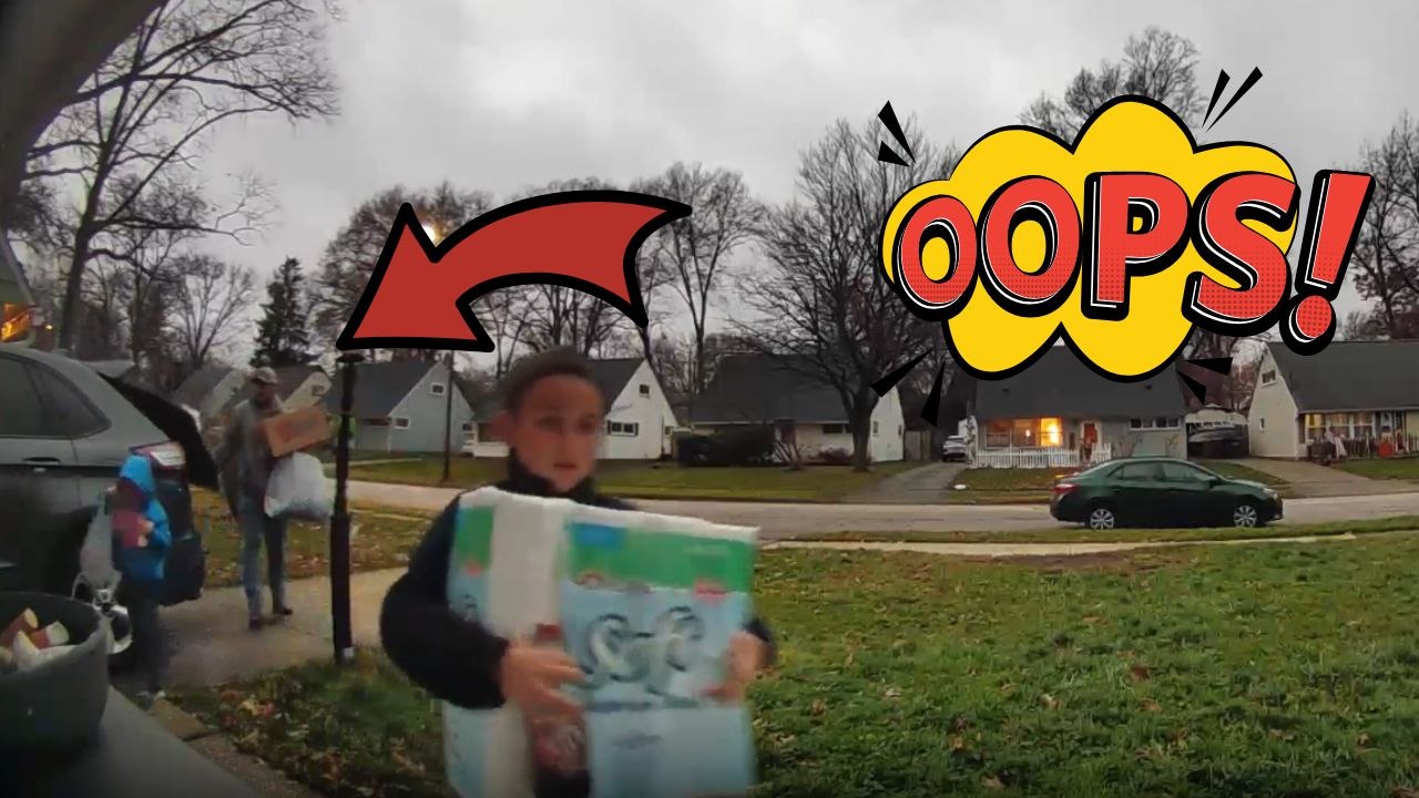 Man trips on the uneven sidewalk and sends the food box flying down
