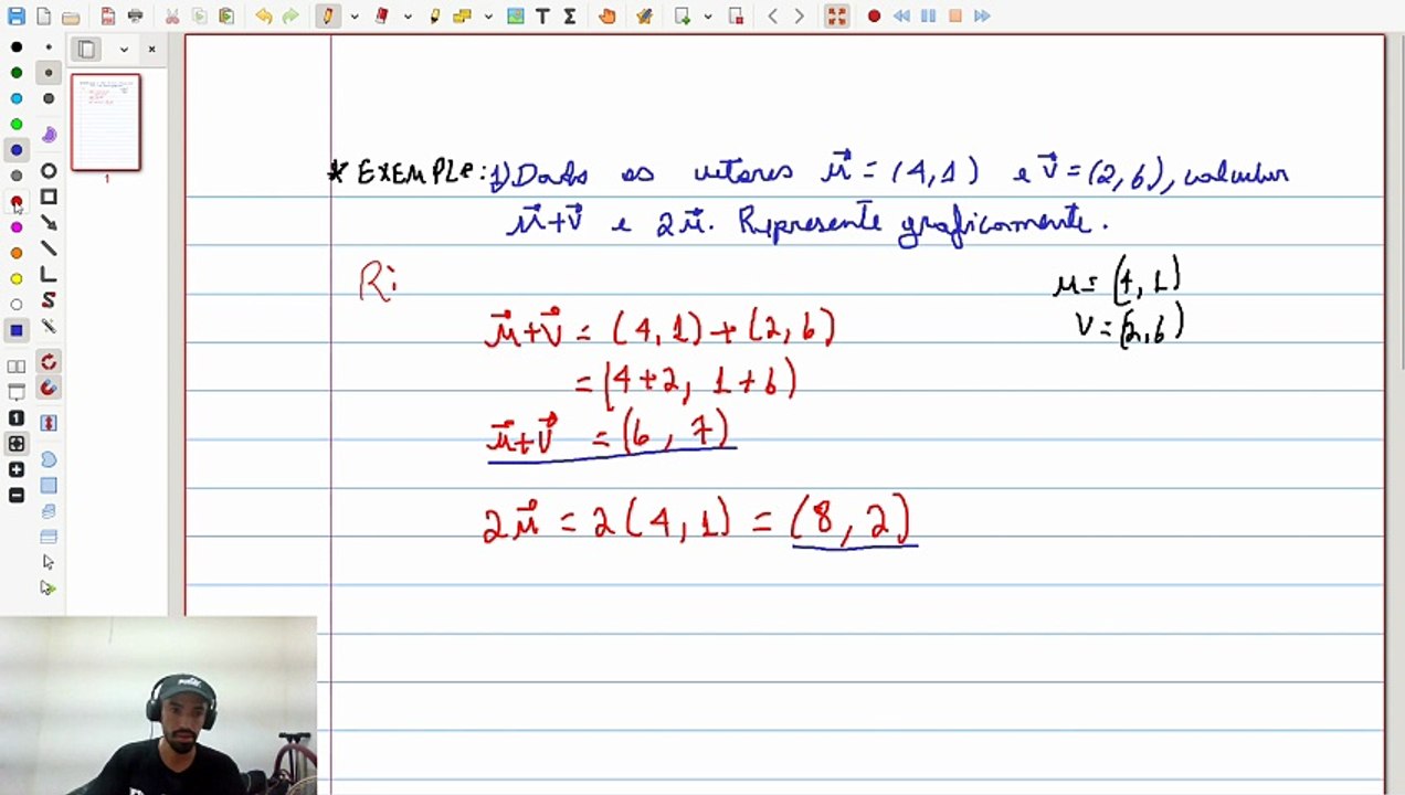 (Ex) Dados os vetores u=(4,1) e v=(2.6), calcular u+v e 2u. Representar graficamente | VET&GEO-A2.6