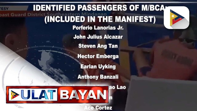 Pangalan ng 16 na pasahero ng lumubog na M/BCA Amejara sa Davao gulf, isinapubliko ng Coast Guard Southern Mindanao | ulat ni JC Aliponga ng PTV Davao