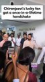A massive crowd gathered to see megastar Chiranjeevi, and one lucky fan got to shake hands with him