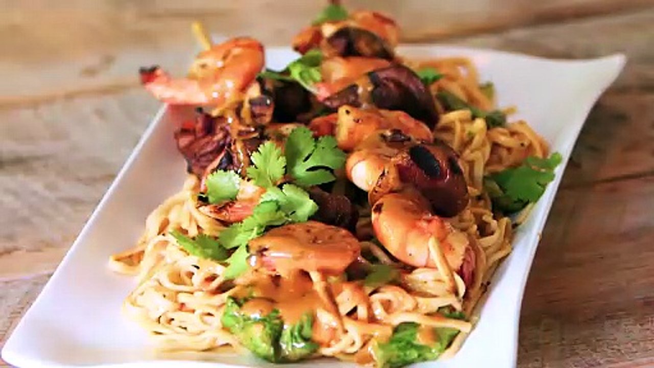 How to Make Grilled Shrimp Satay with Shittake Mushrooms, Baby Bok Choy, and Udon Noodles