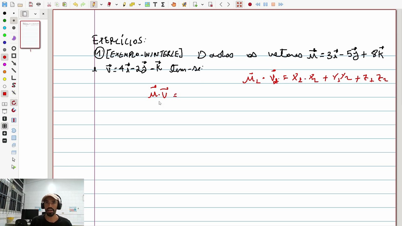 (Exercício 1) [Exemplo - Winterle]  Calcular produto escalar entre u e v (u.v) | VET&GEO-A3.2