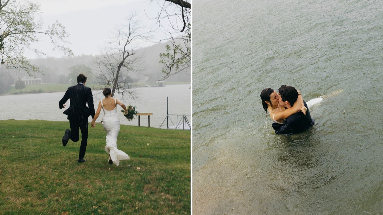 Bride And Groom Who Got Caught In Downpour At Wedding Celebrate By Jumping In Lake | Happily TV