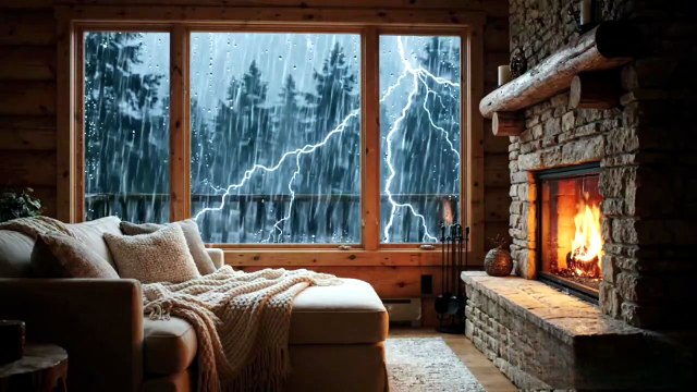 Rain + Thunder on Window For Instent Sleep⚡🌧️ Cozy Cabin With Fireplace Sounds for Deep Sleep #rain #deepsleep #relax #viral #trending