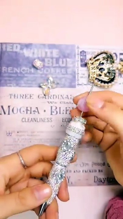 Beadable Clay Pen & Silver Color Metal Mirror Shape with Various Colors Rhinestones