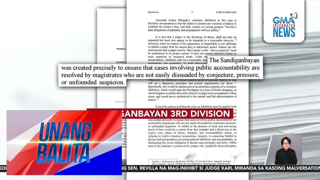 Mosyon ni dating Sen. Revilla na mag-inhibit si Justice Karl Miranda sa kasong malversation, ibinasura ng Sandiganbayan | Unang Balita