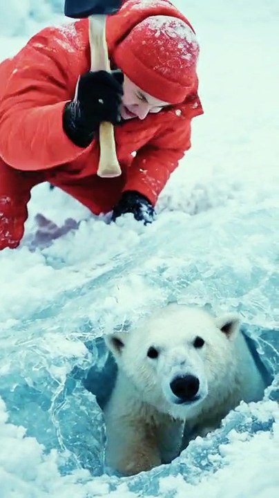 Man in Red Jacket Rescues Polar Bear Trapped in Ice – A Heartwarming Moment!”