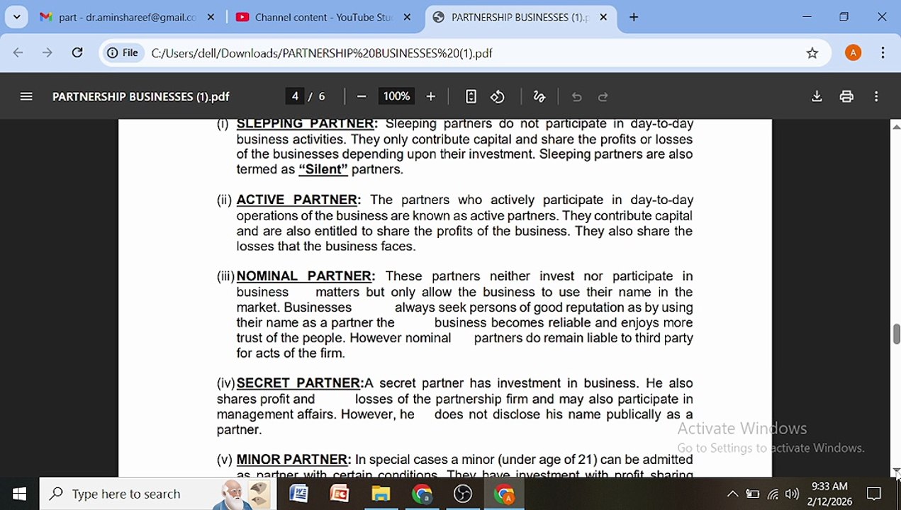 lecture on type of partners and partnershp agreement