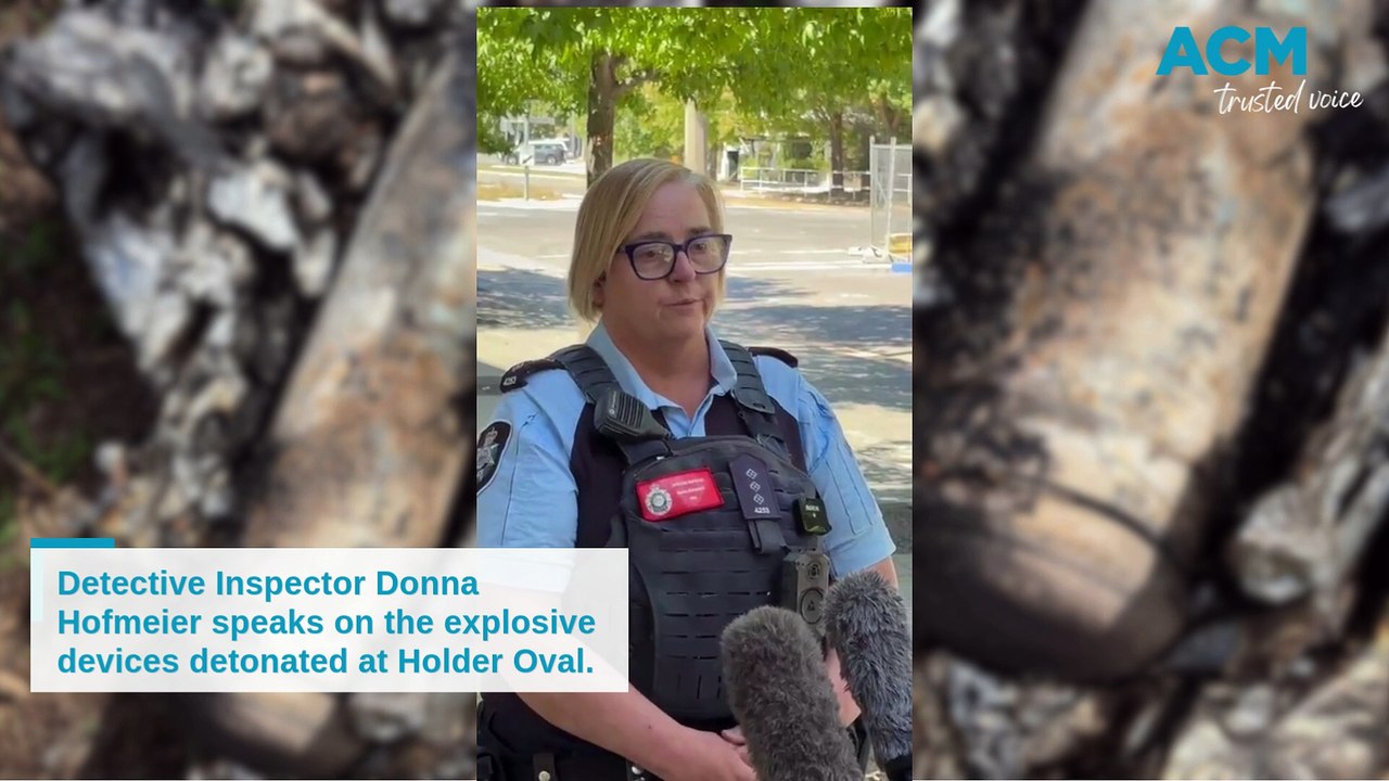 Detective Inspector Donna Hofmeier speaks on the explosive devices detonated at Holder Oval.