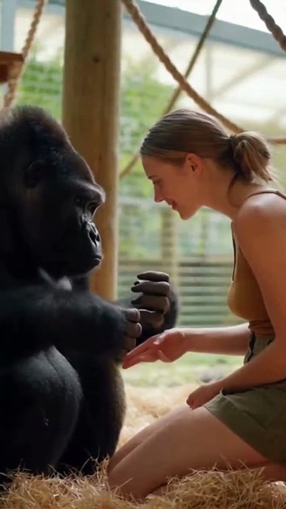 Interaction between a gorilla and a beautiful woman