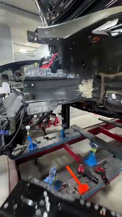A replacement frame rail section has been installed on this Model 3