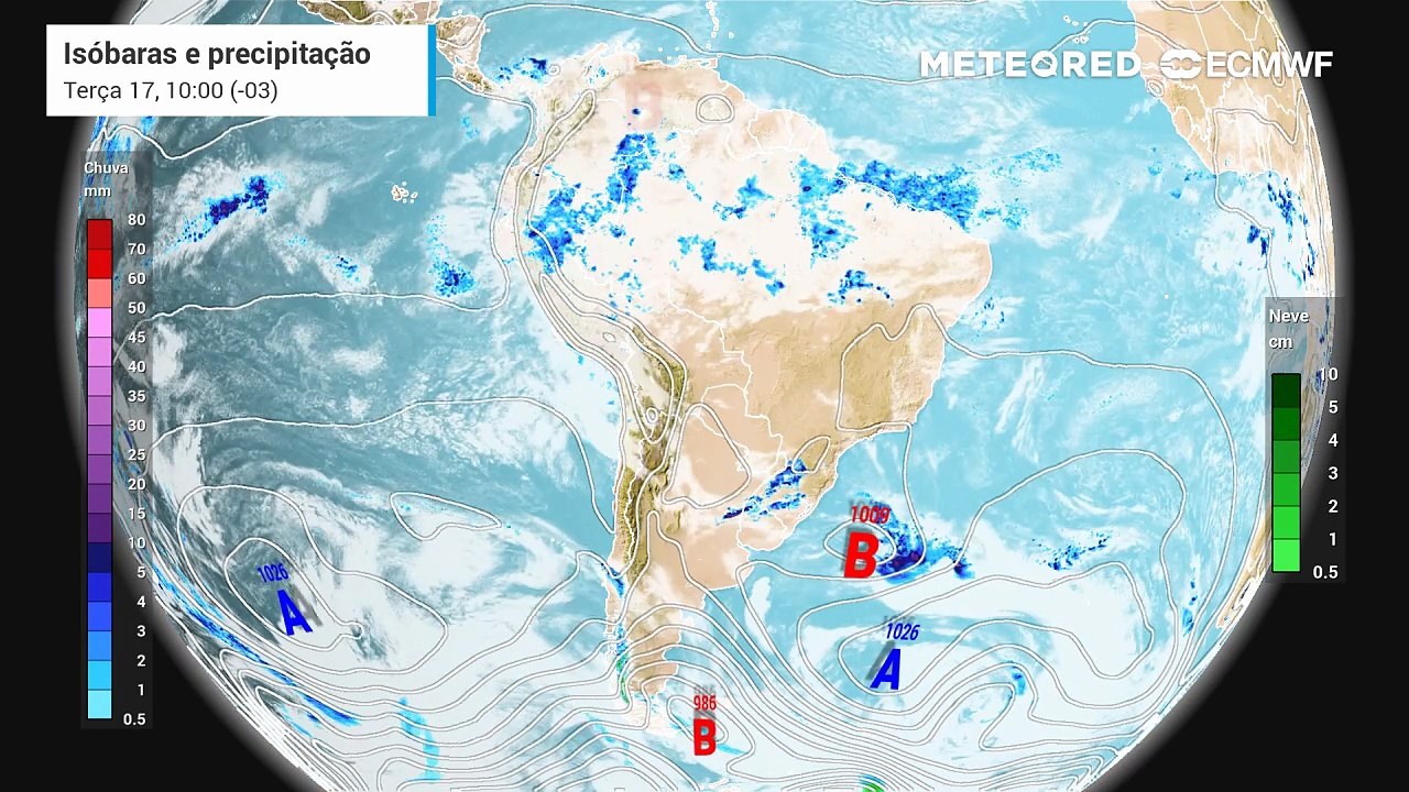 Terça-feira, 17 de fevereiro: Previsão de chuva, nebulosidade e pressão a nível médio do mar.