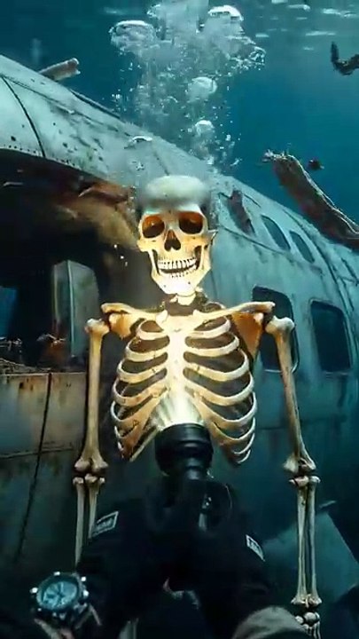 skeletal figure resting beside a water