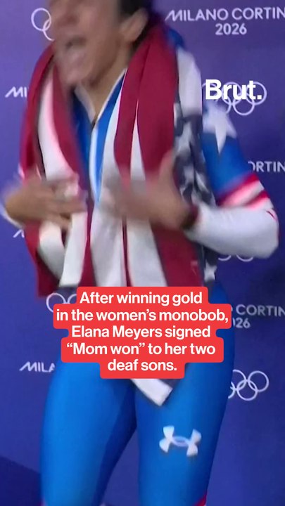 Elana Meyers signs “Mommy won” to her two deaf sons after winning gold.