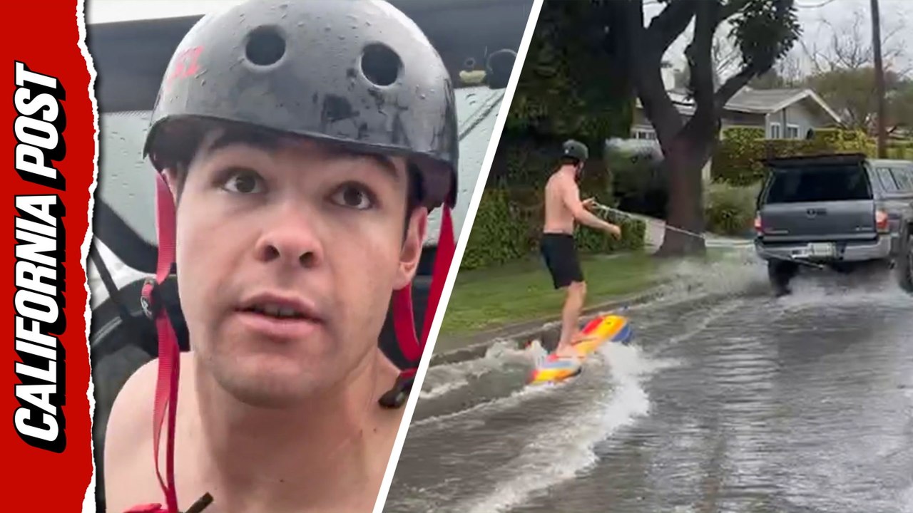 SoCal surfer shreds flooded Long Beach streets after massive deluge