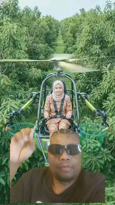 Dans un verger luxuriant, une femme récolte des avocats mûrs à l’aide d’un bras mécanique. Assise avec harnais de sécurité, elle cueille soigneusement les fruits et les dépose dans des paniers verts.