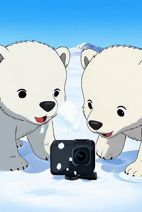 Anime AI video Two Curious Polar Bears sniffing camera and touching it