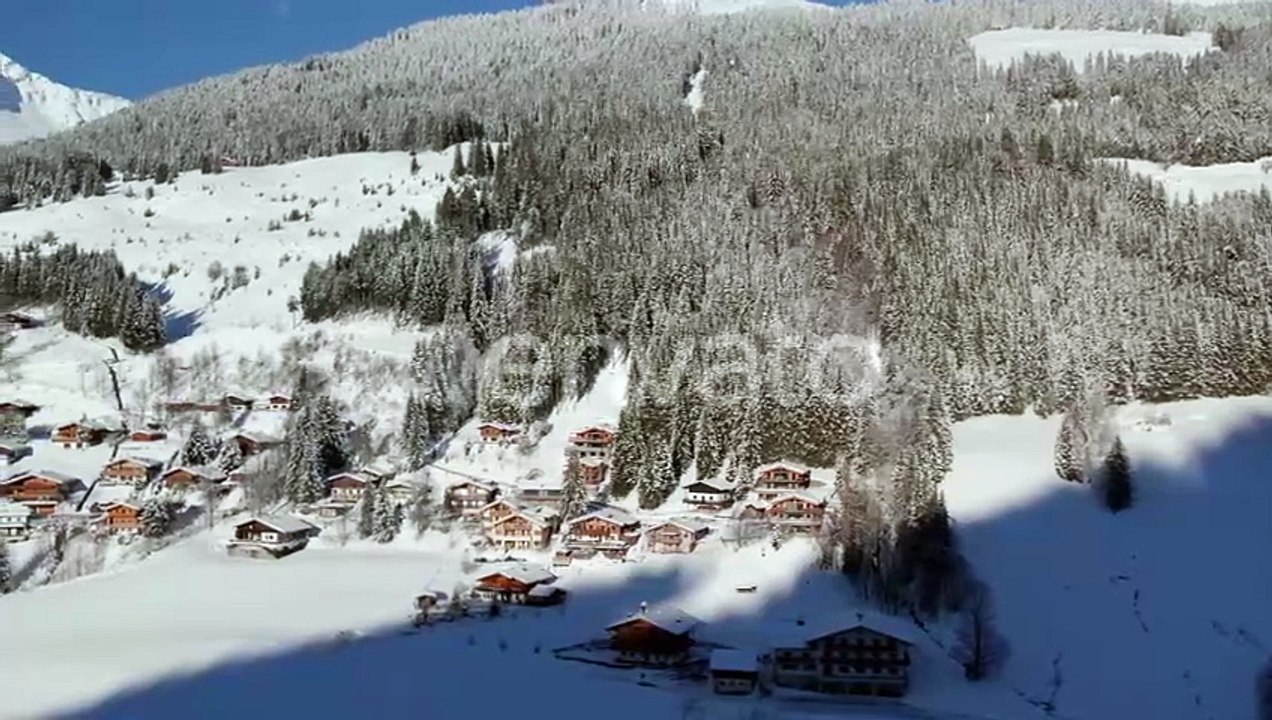 Aerial View Of Holiday Homes, Pine Tree Forest And Mountains In Winter In Langau, Austria.