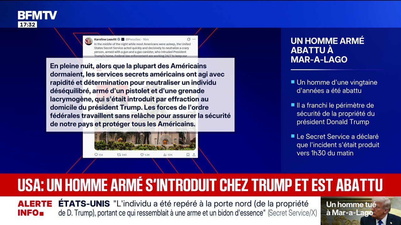Homme abattu chez Donald Trump: sur X, la porte-parole de la Maison Blanche, remercie "les services secrets américains qui ont agi avec rapidité"