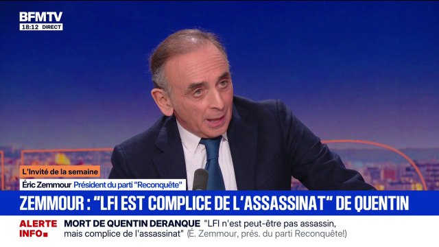 Mort de Quentin Deranque: pour Éric Zemmour (Reconquête), la Jeune Garde a tué et a été adoubée par Jean-Luc Mélenchon