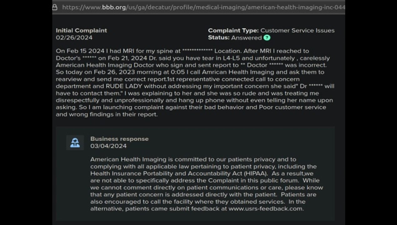 Confirmed: American Health Imaging (AHI) Will Not Correct MD Errors / Rude Reps Hang Up On Patients