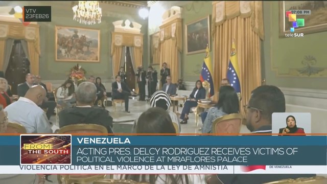 Acting Pres. Delcy Rodriguez receives victims of political violence at Miraflores palace