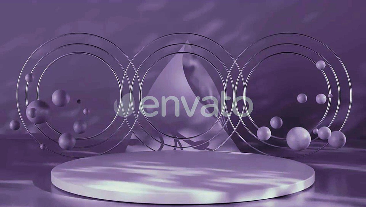 Modern 3D Stage with Floating Spheres and Rings