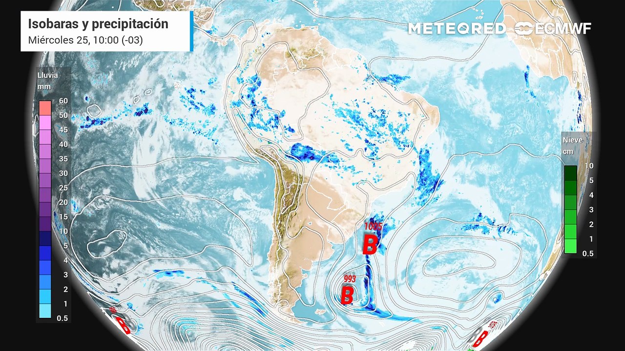 Pronóstico de Isobaras y precipitación: miercoles 25 de Febrero