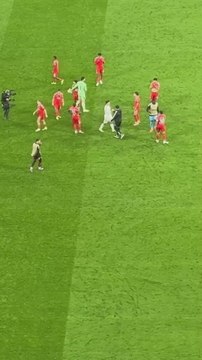 Señorío de Gonzalo y Courtois con los jugadores del Benfica tras el final