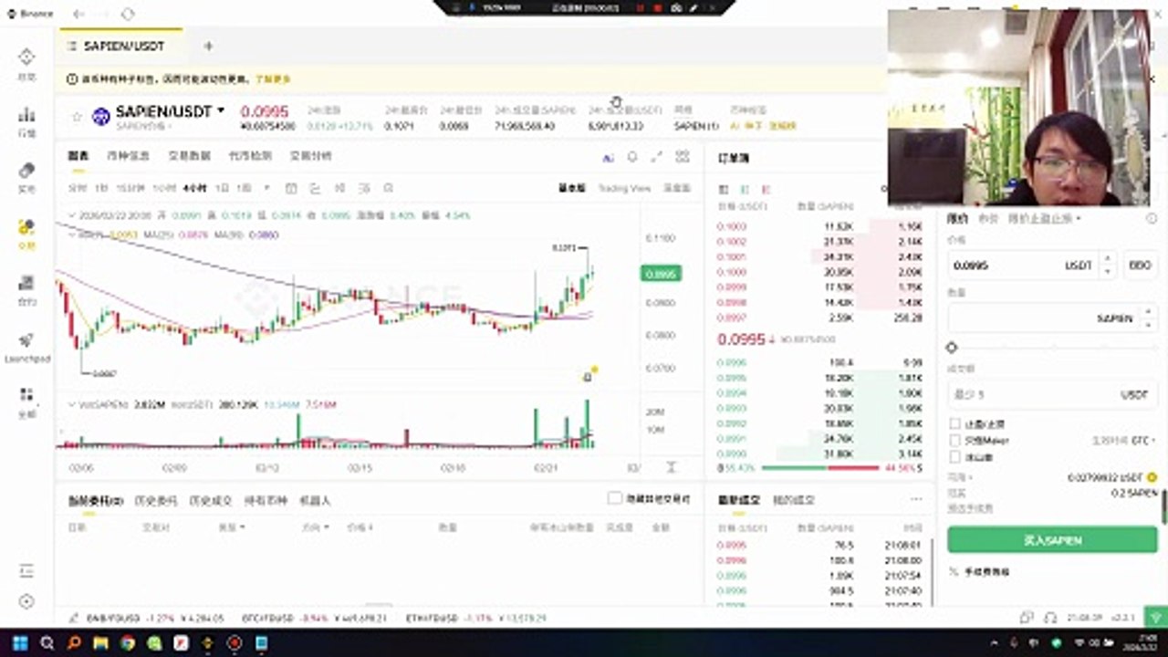 sapien一个用于大规模采集经验证的人类知识的开源协议。sapien买盘压力、不断抬高的低点形态，回踩0.09就是好位置，预计到0.117没问题