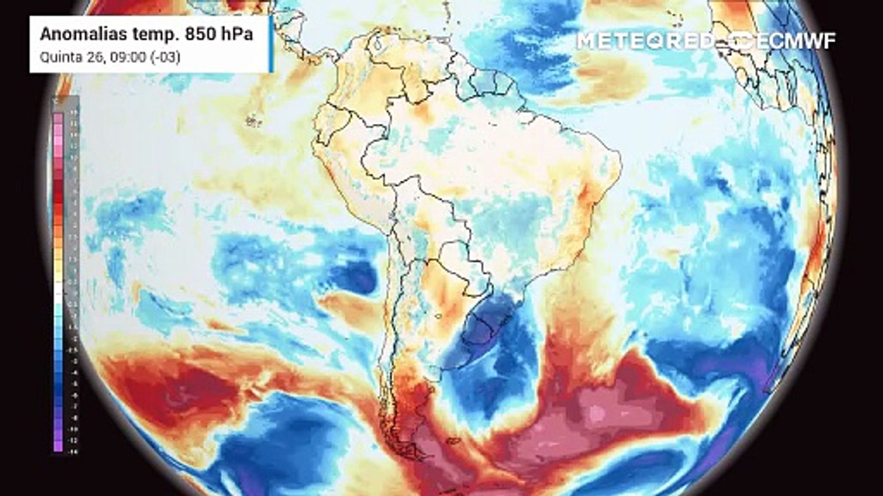 Quinta-feira, 26 de fevereiro: anomalia de temperaturas em 850 hPa (massas de ar)