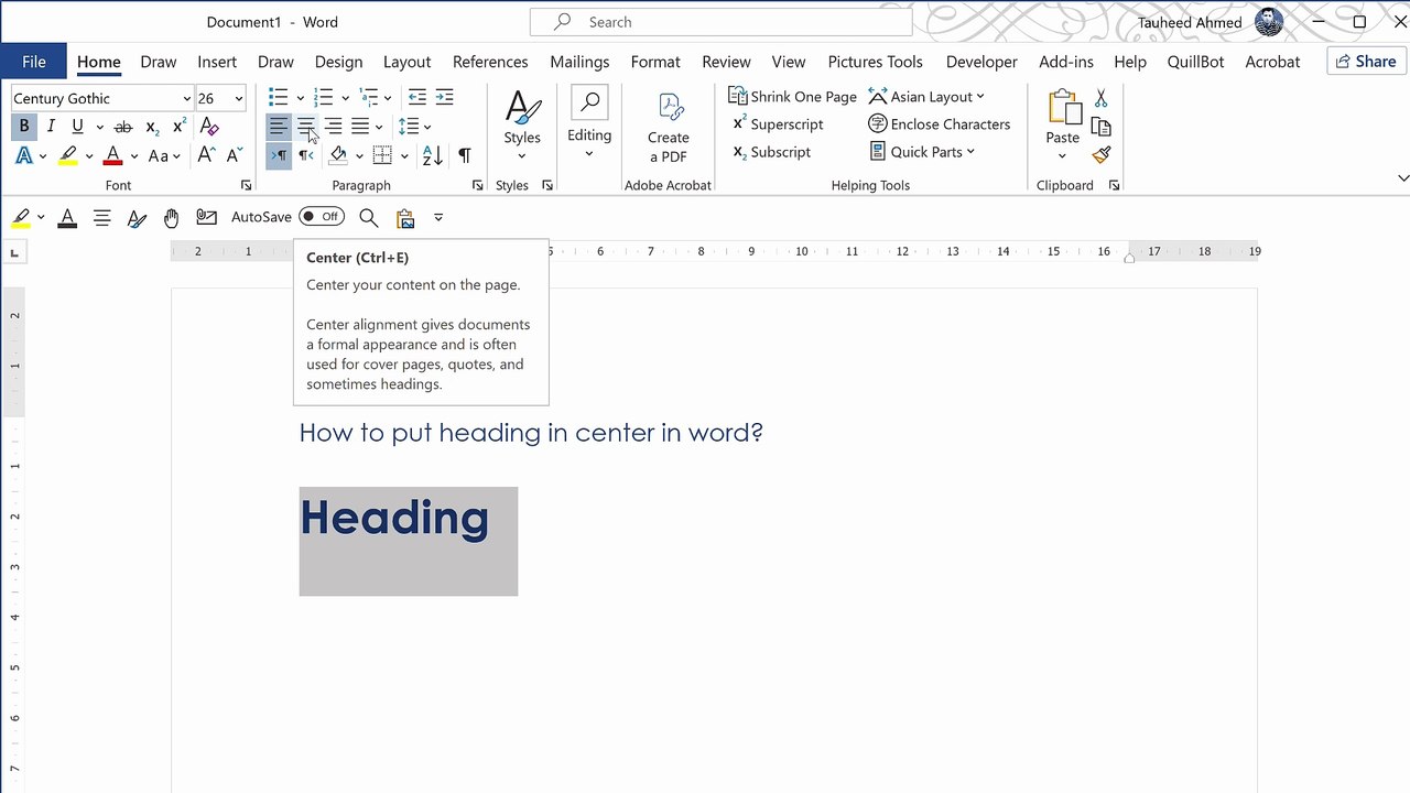 How to put heading in center in word
