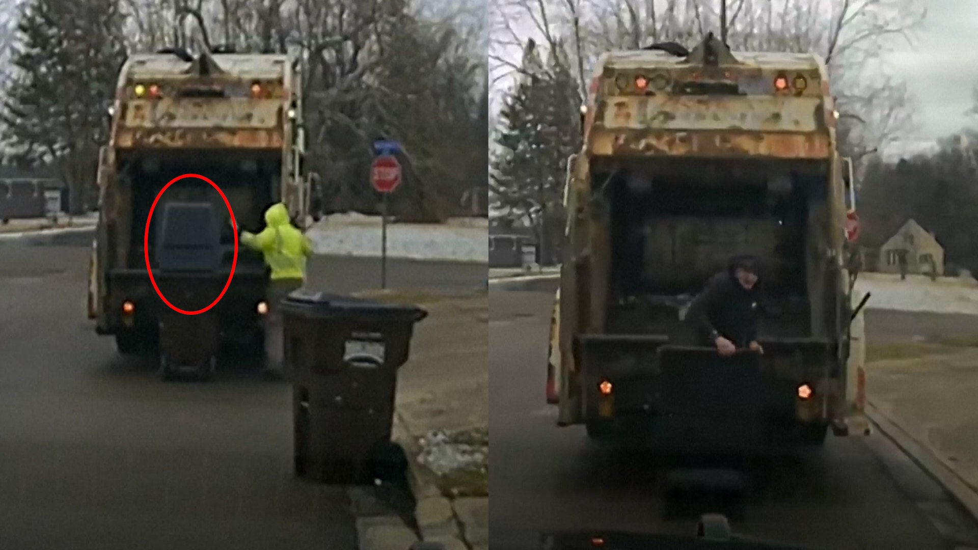 El susto de un trabajador al ver a una persona metida en un cubo de basura