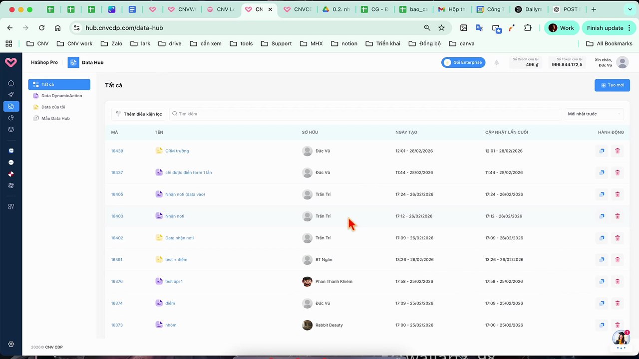 Hướng dẫn tạo Data hub giống file bên CRM, tạo chiến dịch webhook và http, để nhận dữ liệu từ CRM qua CNV ghi vào data hub, và ngược lại