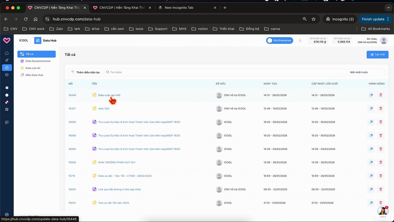 Hướng dẫn tạo chiến dịch gửi tin ZBS mỗi khi có dữ liệu thêm mới vào 1 bảng data hub