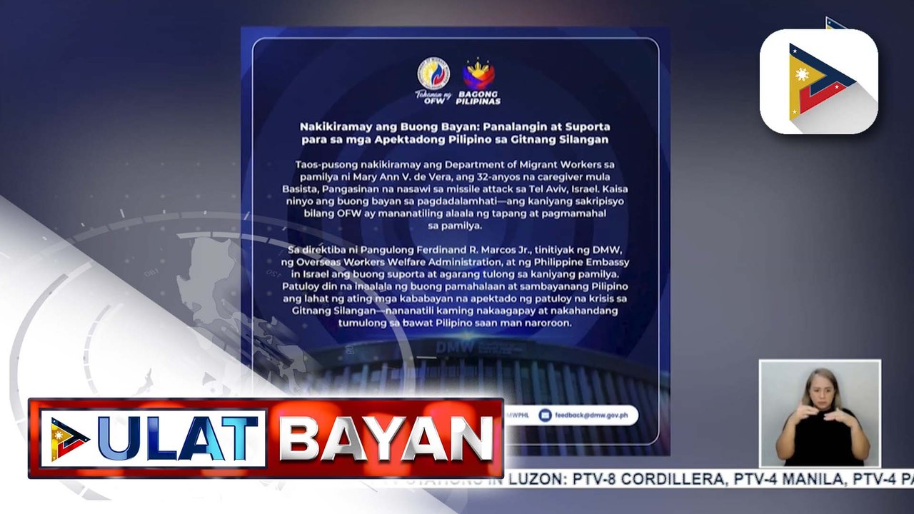 DMW, inaayos na ang proseso para maiuwi ang labi ng Pinay caregiver na namatay sa airstrike sa Israel