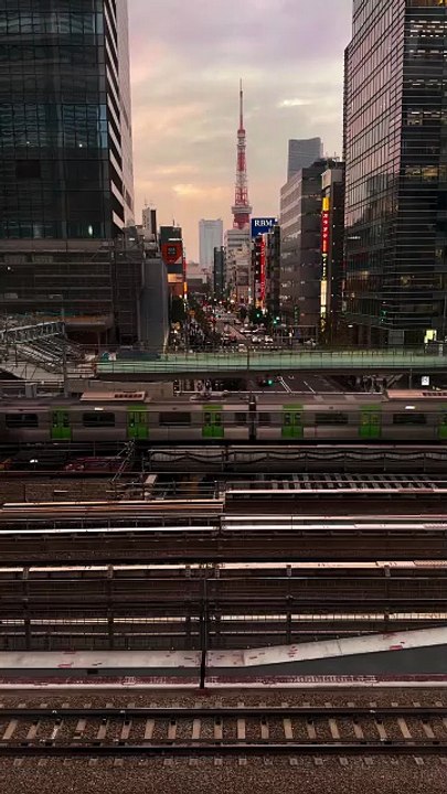 夕暮れの東京。複数の電車と新幹線、その先にある東京タワー。