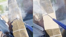 Heavily soiled concrete railing cleaned with high-pressure water spray *Satisfying*